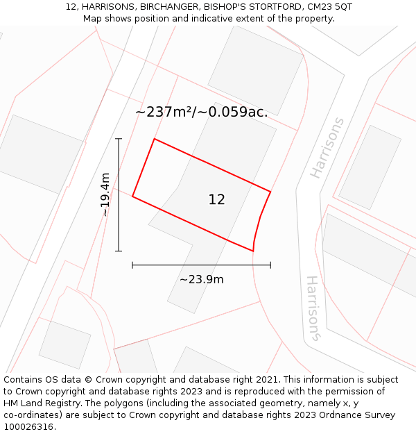 12, HARRISONS, BIRCHANGER, BISHOP'S STORTFORD, CM23 5QT: Plot and title map