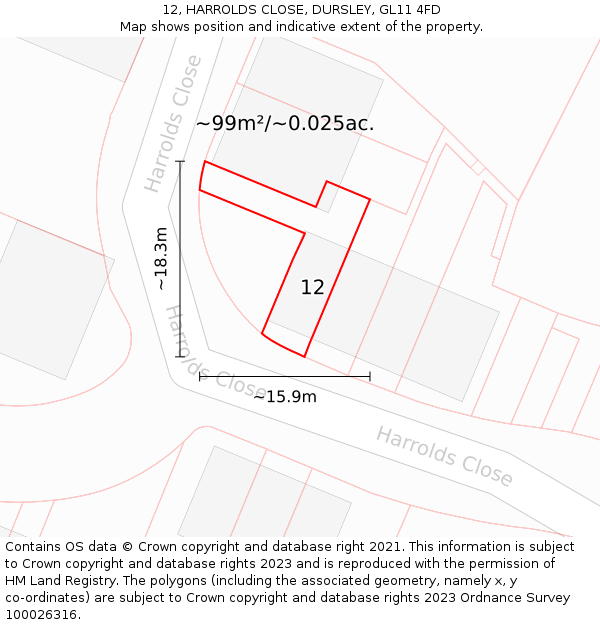 12, HARROLDS CLOSE, DURSLEY, GL11 4FD: Plot and title map