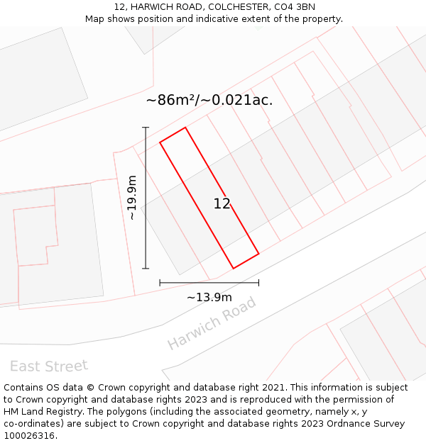 12, HARWICH ROAD, COLCHESTER, CO4 3BN: Plot and title map