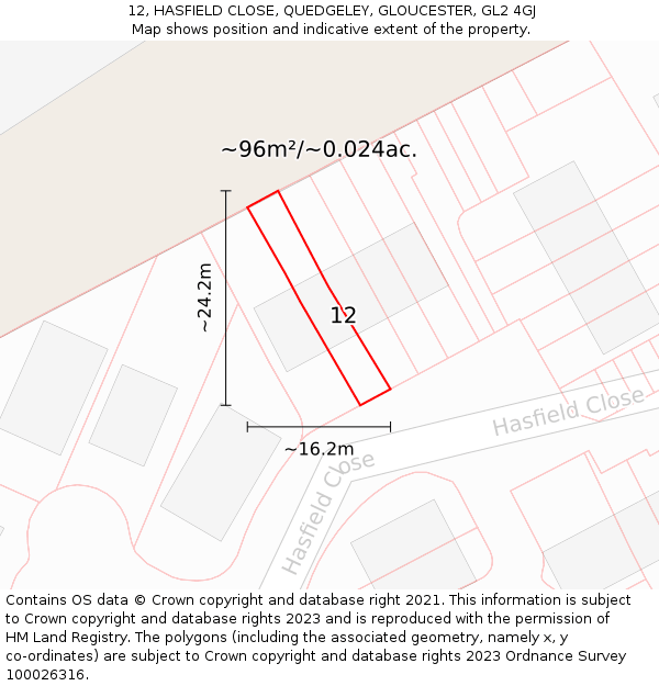 12, HASFIELD CLOSE, QUEDGELEY, GLOUCESTER, GL2 4GJ: Plot and title map