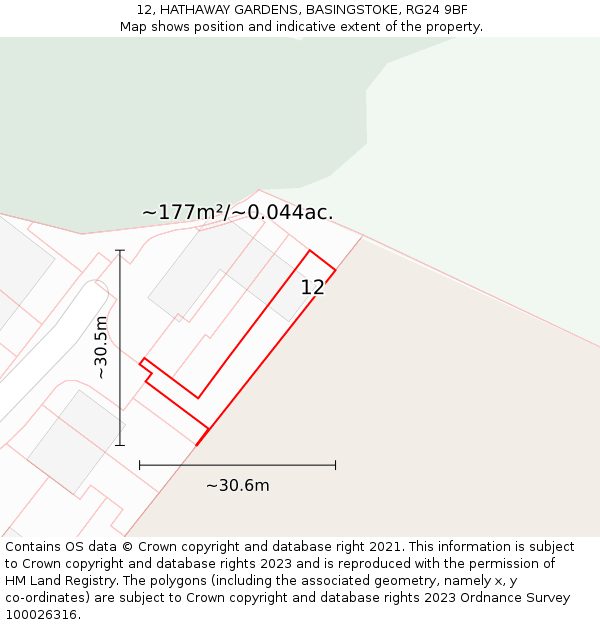 12, HATHAWAY GARDENS, BASINGSTOKE, RG24 9BF: Plot and title map