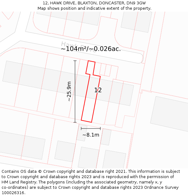 12, HAWK DRIVE, BLAXTON, DONCASTER, DN9 3GW: Plot and title map