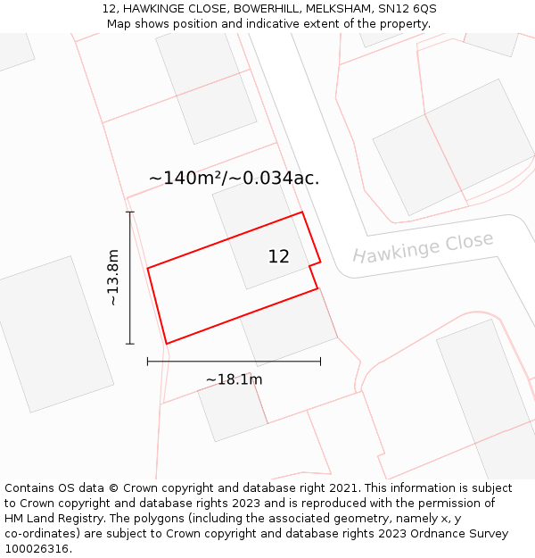 12, HAWKINGE CLOSE, BOWERHILL, MELKSHAM, SN12 6QS: Plot and title map