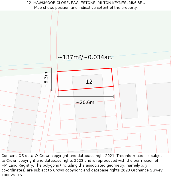 12, HAWKMOOR CLOSE, EAGLESTONE, MILTON KEYNES, MK6 5BU: Plot and title map