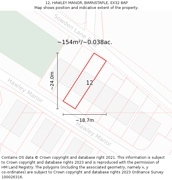 12, HAWLEY MANOR, BARNSTAPLE, EX32 8AP: Plot and title map