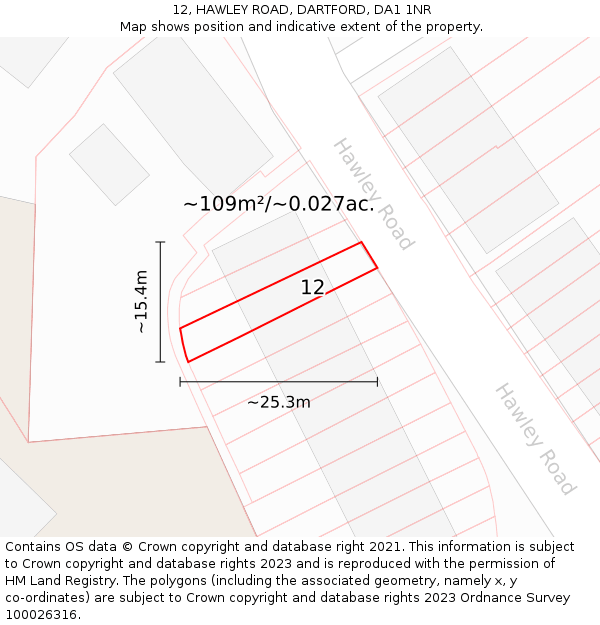 12, HAWLEY ROAD, DARTFORD, DA1 1NR: Plot and title map