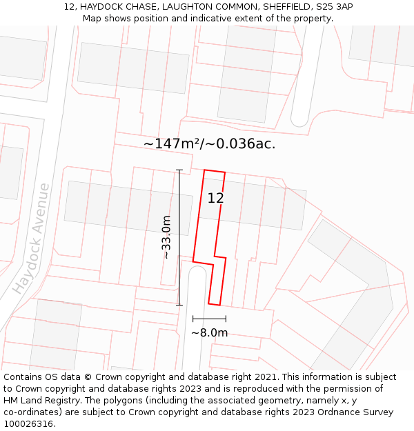 12, HAYDOCK CHASE, LAUGHTON COMMON, SHEFFIELD, S25 3AP: Plot and title map