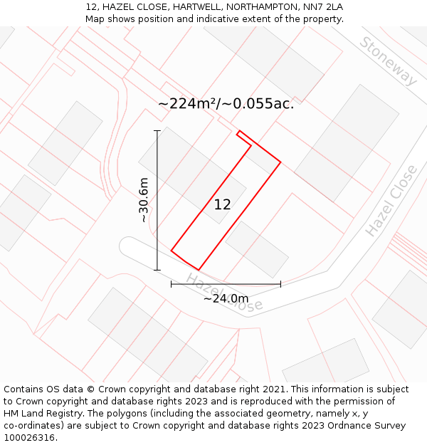 12, HAZEL CLOSE, HARTWELL, NORTHAMPTON, NN7 2LA: Plot and title map