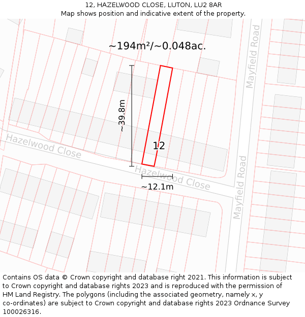 12, HAZELWOOD CLOSE, LUTON, LU2 8AR: Plot and title map