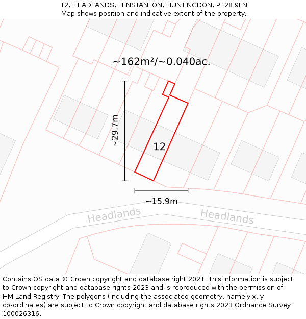 12, HEADLANDS, FENSTANTON, HUNTINGDON, PE28 9LN: Plot and title map