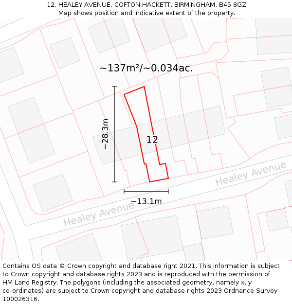 12, HEALEY AVENUE, COFTON HACKETT, BIRMINGHAM, B45 8GZ: Plot and title map