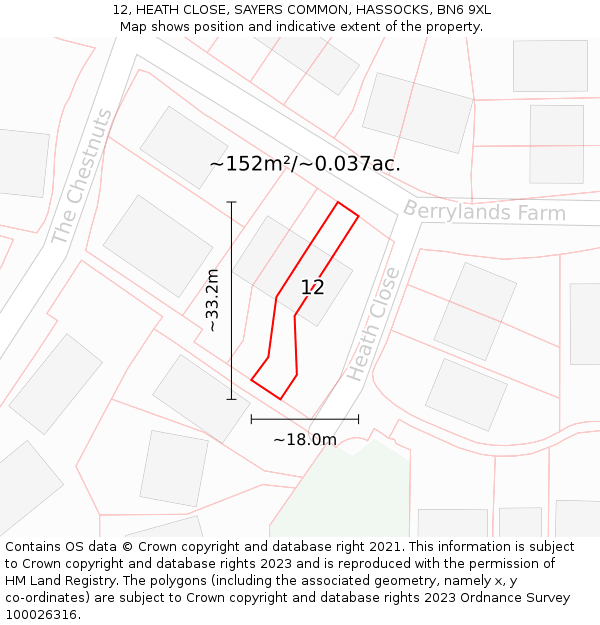 12, HEATH CLOSE, SAYERS COMMON, HASSOCKS, BN6 9XL: Plot and title map