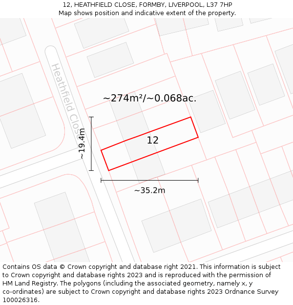 12, HEATHFIELD CLOSE, FORMBY, LIVERPOOL, L37 7HP: Plot and title map