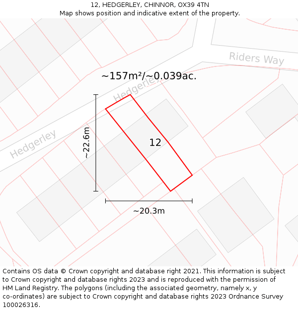 12, HEDGERLEY, CHINNOR, OX39 4TN: Plot and title map