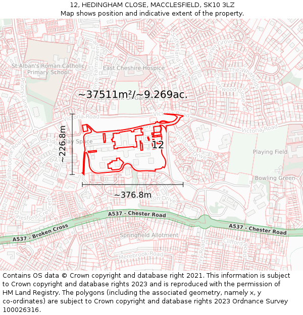 12, HEDINGHAM CLOSE, MACCLESFIELD, SK10 3LZ: Plot and title map