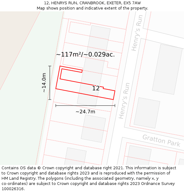 12, HENRYS RUN, CRANBROOK, EXETER, EX5 7AW: Plot and title map