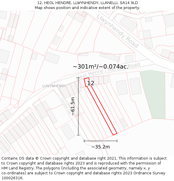 12, HEOL HENDRE, LLWYNHENDY, LLANELLI, SA14 9LD: Plot and title map