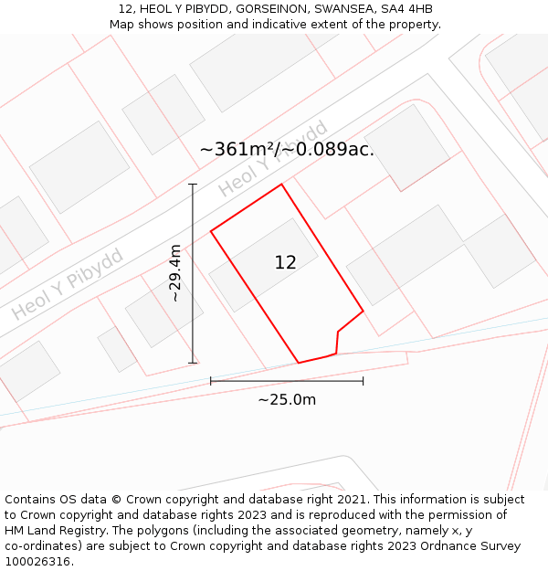 12, HEOL Y PIBYDD, GORSEINON, SWANSEA, SA4 4HB: Plot and title map