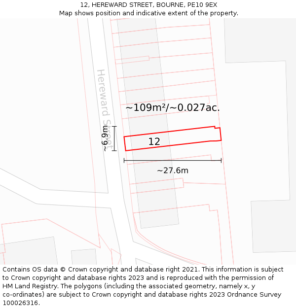 12, HEREWARD STREET, BOURNE, PE10 9EX: Plot and title map