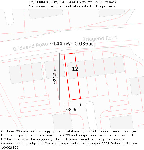 12, HERITAGE WAY, LLANHARAN, PONTYCLUN, CF72 9WD: Plot and title map