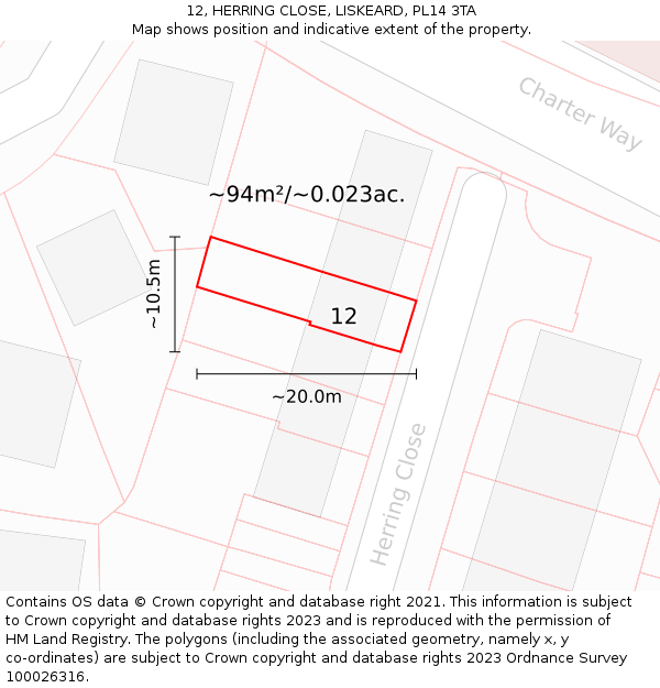 12, HERRING CLOSE, LISKEARD, PL14 3TA: Plot and title map