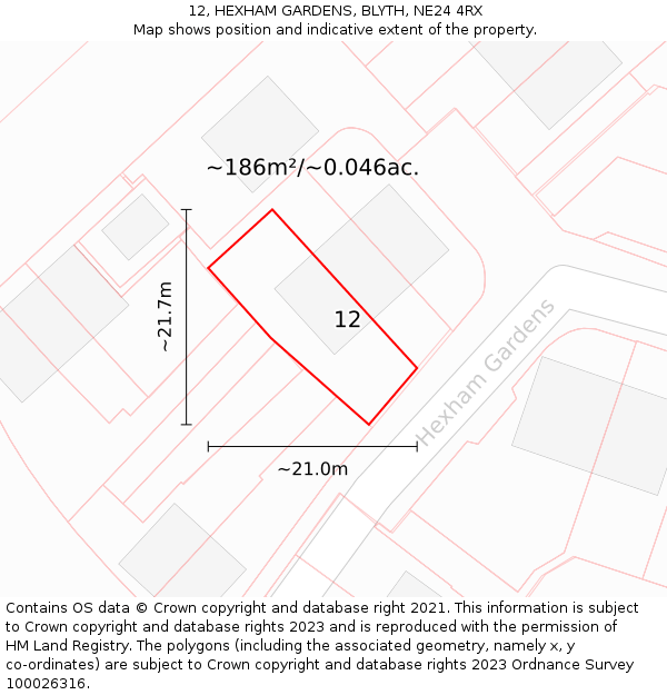 12, HEXHAM GARDENS, BLYTH, NE24 4RX: Plot and title map