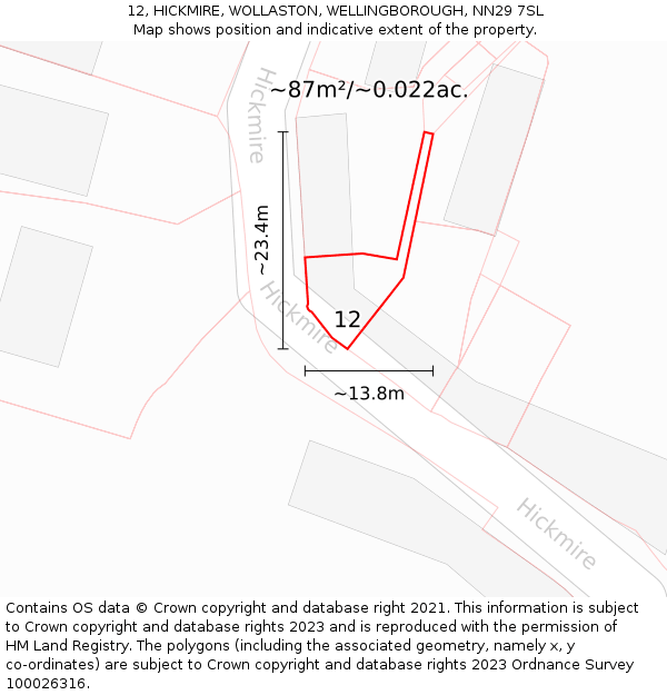12, HICKMIRE, WOLLASTON, WELLINGBOROUGH, NN29 7SL: Plot and title map