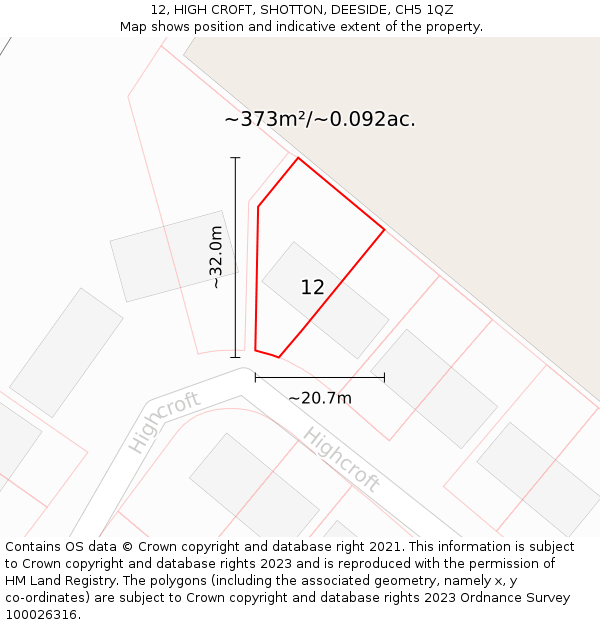 12, HIGH CROFT, SHOTTON, DEESIDE, CH5 1QZ: Plot and title map
