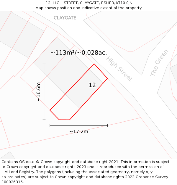 12, HIGH STREET, CLAYGATE, ESHER, KT10 0JN: Plot and title map