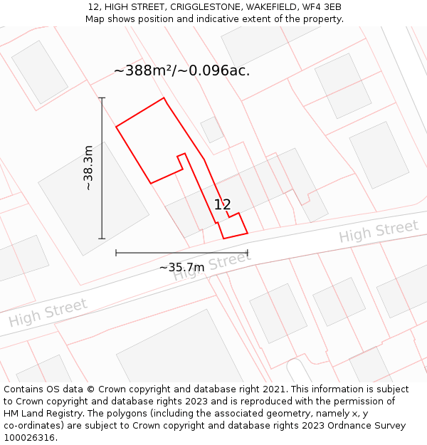 12, HIGH STREET, CRIGGLESTONE, WAKEFIELD, WF4 3EB: Plot and title map