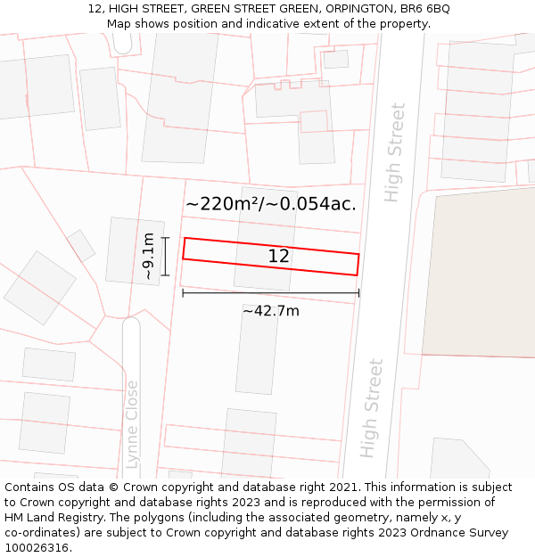 12, HIGH STREET, GREEN STREET GREEN, ORPINGTON, BR6 6BQ: Plot and title map
