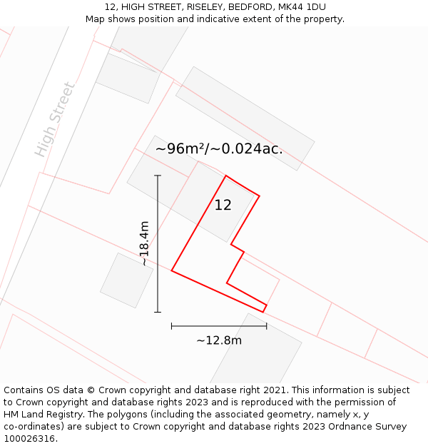 12, HIGH STREET, RISELEY, BEDFORD, MK44 1DU: Plot and title map