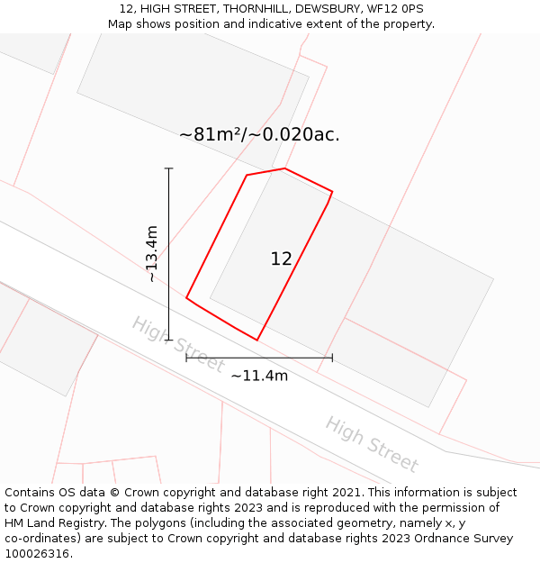 12, HIGH STREET, THORNHILL, DEWSBURY, WF12 0PS: Plot and title map
