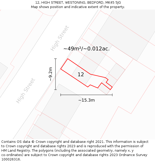 12, HIGH STREET, WESTONING, BEDFORD, MK45 5JG: Plot and title map