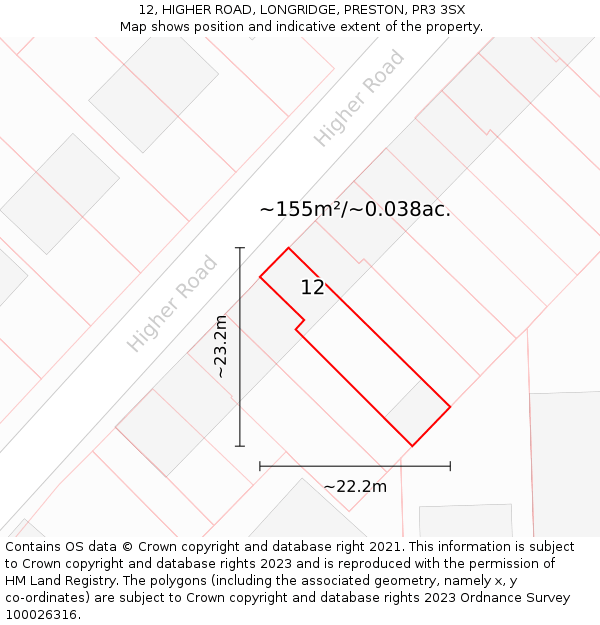 12, HIGHER ROAD, LONGRIDGE, PRESTON, PR3 3SX: Plot and title map