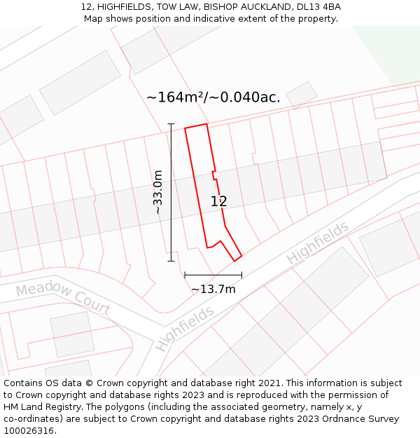 12, HIGHFIELDS, TOW LAW, BISHOP AUCKLAND, DL13 4BA: Plot and title map