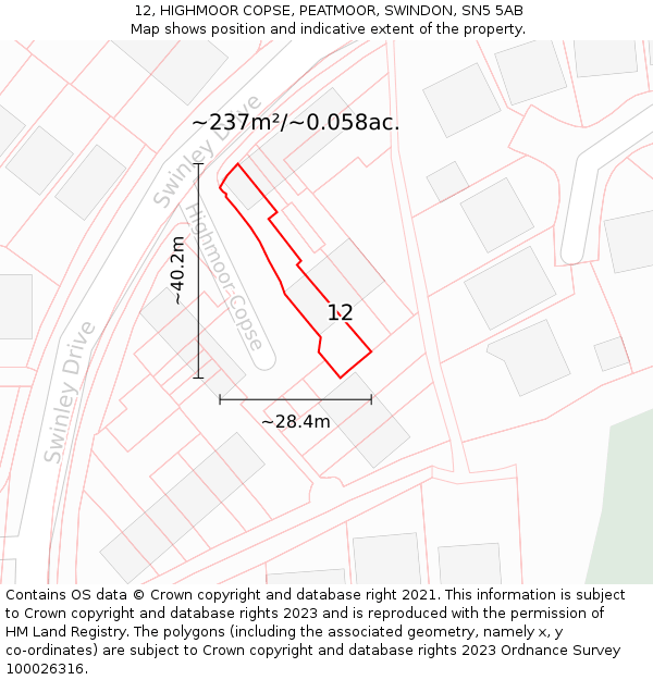 12, HIGHMOOR COPSE, PEATMOOR, SWINDON, SN5 5AB: Plot and title map
