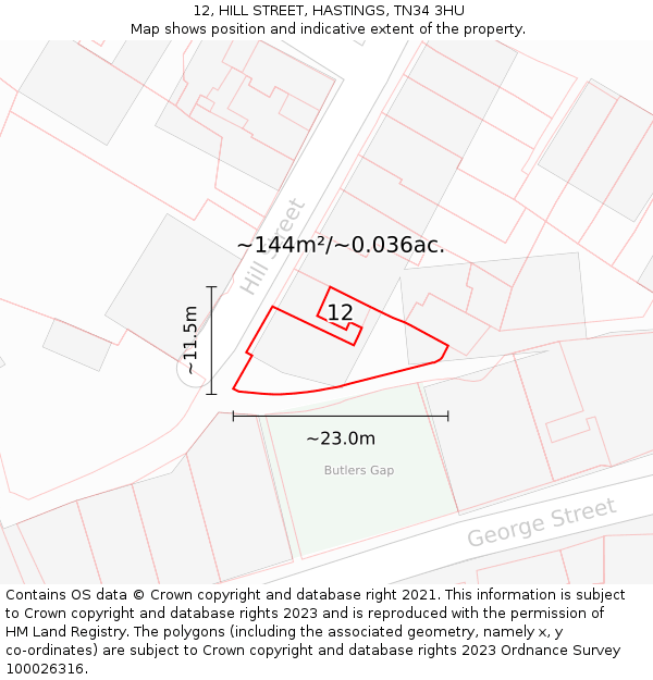 12, HILL STREET, HASTINGS, TN34 3HU: Plot and title map