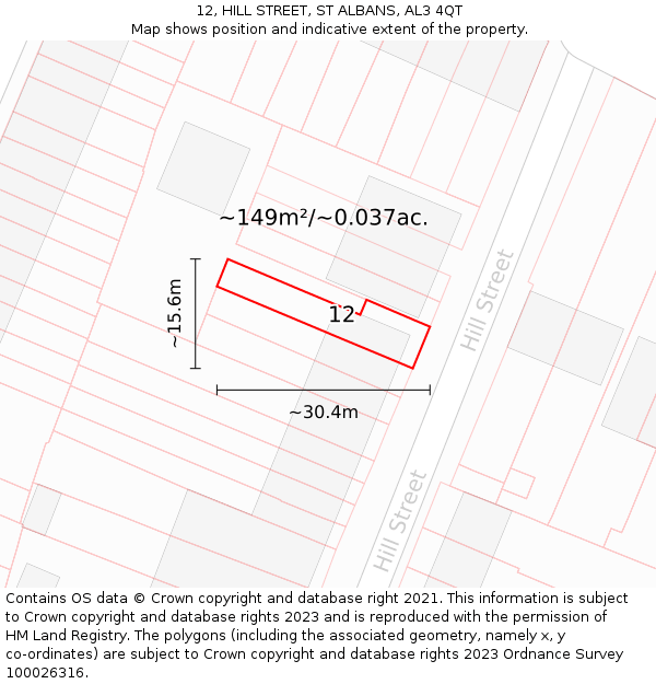 12, HILL STREET, ST ALBANS, AL3 4QT: Plot and title map