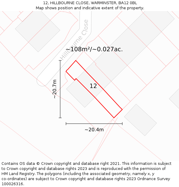 12, HILLBOURNE CLOSE, WARMINSTER, BA12 0BL: Plot and title map