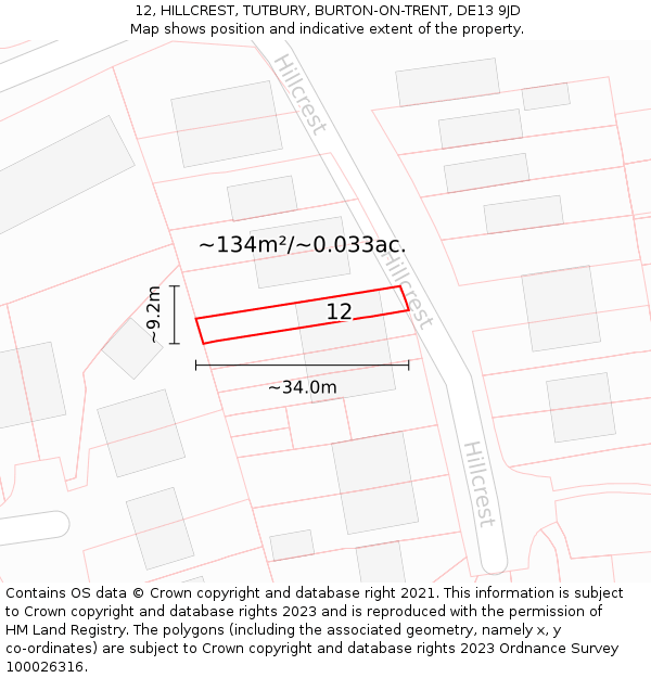 12, HILLCREST, TUTBURY, BURTON-ON-TRENT, DE13 9JD: Plot and title map