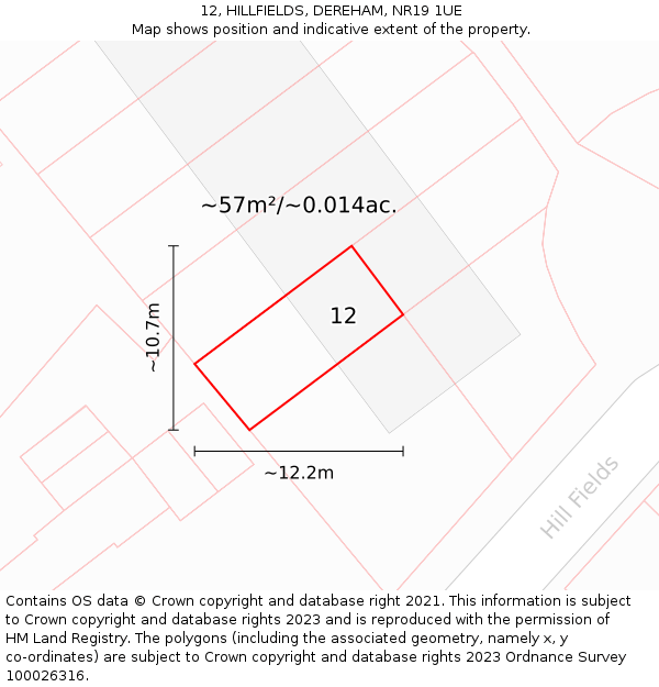12, HILLFIELDS, DEREHAM, NR19 1UE: Plot and title map