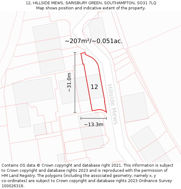 12, HILLSIDE MEWS, SARISBURY GREEN, SOUTHAMPTON, SO31 7LQ: Plot and title map