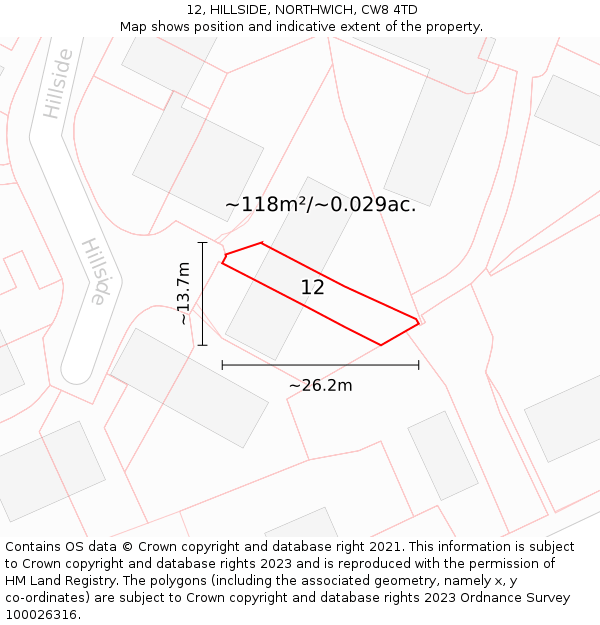 12, HILLSIDE, NORTHWICH, CW8 4TD: Plot and title map