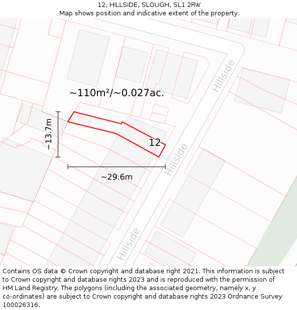 12, HILLSIDE, SLOUGH, SL1 2RW: Plot and title map