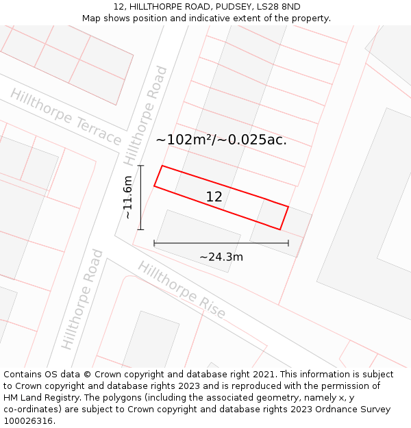12, HILLTHORPE ROAD, PUDSEY, LS28 8ND: Plot and title map