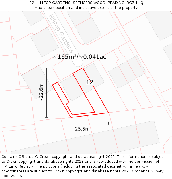 12, HILLTOP GARDENS, SPENCERS WOOD, READING, RG7 1HQ: Plot and title map