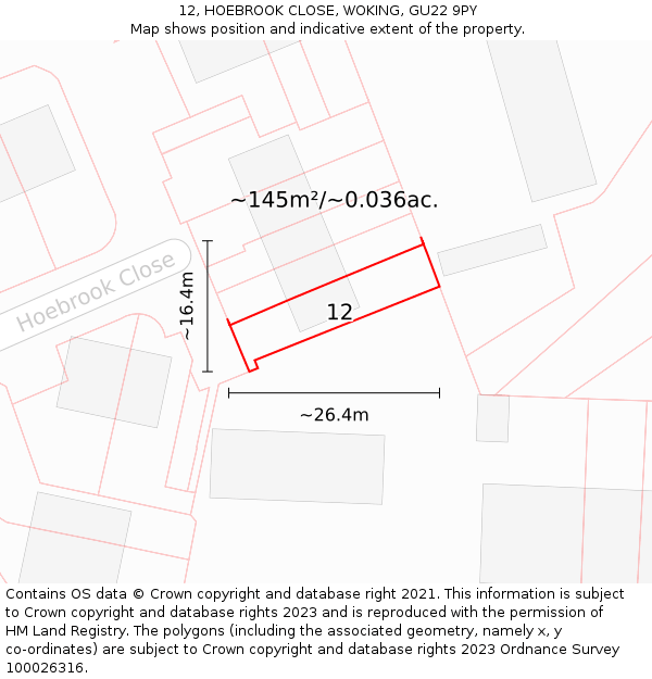 12, HOEBROOK CLOSE, WOKING, GU22 9PY: Plot and title map