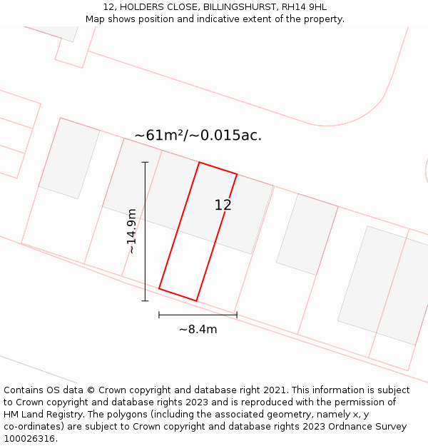 12, HOLDERS CLOSE, BILLINGSHURST, RH14 9HL: Plot and title map