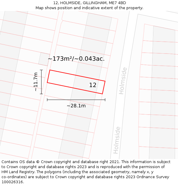 12, HOLMSIDE, GILLINGHAM, ME7 4BD: Plot and title map